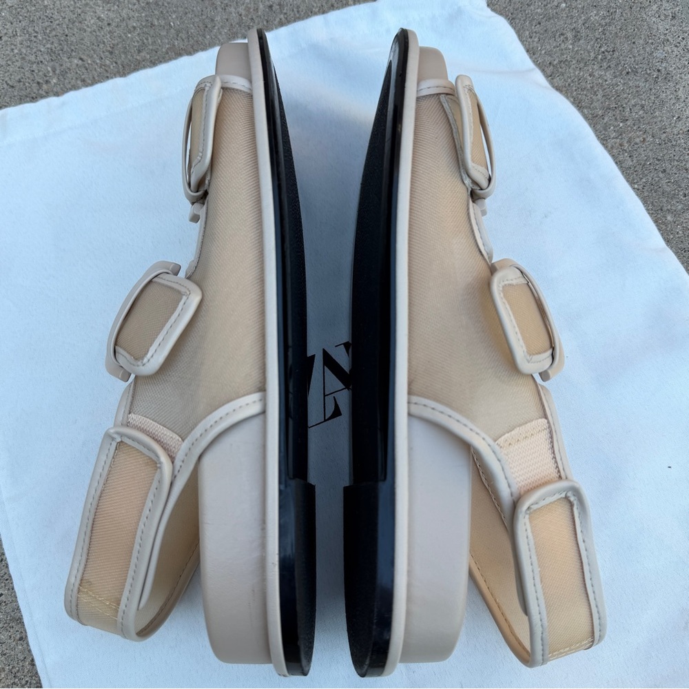 Zara Womens Open Toe Mesh Double Buckle Slingback Sandals Beige Size 37 Flat Dad - Picture 12 of 14